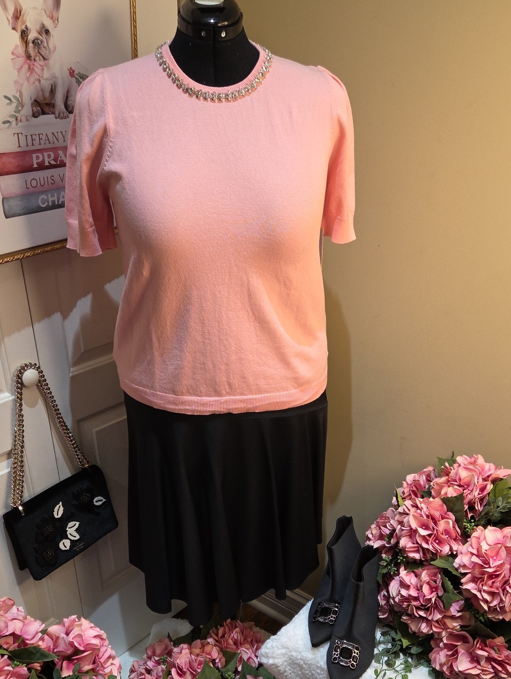 Nwt XL, L,M CeCe Pink Short-Sleeve Knit Top with Embellished Crew Neck
